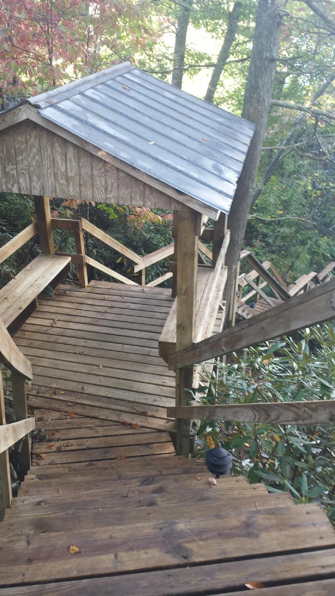 Metal roofed shelter over wooden steps on a wooded walkway — Skylight Repair & Installation work by our crew in Lynchburg
